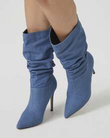 Ruched Denim Stiletto Boots - 藍色 - 查看 1