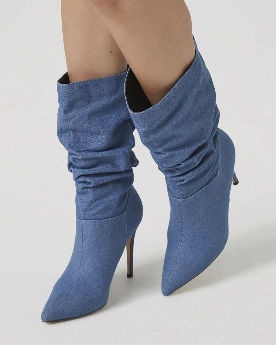 Ruched Denim Stiletto Boots - 藍色 - 查看 1