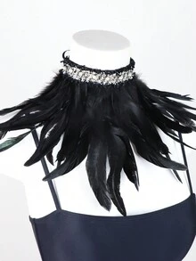 1pc Black Lace Trim Feather Neck Wrap Scarf False Collar For Cosplay, Party Costume Accessory - Black - View 3