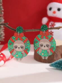 1 對聖誕風格壓克力綠色圓圈和粉紅色蝴蝶結和樹懶形狀吊墜耳環適合女士聖誕配件