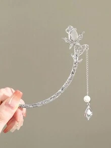 1pc 16cm Silver Tulip Tassel Hairpin With Cat Eye Stone & Rhinestone - Silver - View 2