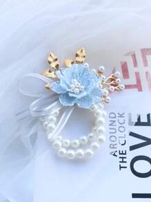 1 Stück hellblaue Brautjungfer Handblume, elastische Perlen Kette Armband, elegantes Braut Accessoire