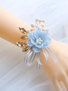 1 Stück hellblaue Brautjungfer Handblume, elastische Perlen Kette Armband, elegantes Braut Accessoire