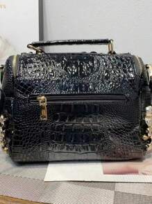 2023鉚釘鑽石鱷魚皮紋珍珠手提包豪華鑽石珠寶單肩斜挎包,適用於晚宴女士 - 黑色 - 查看 9