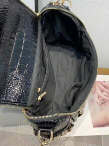 2023鉚釘鑽石鱷魚皮紋珍珠手提包豪華鑽石珠寶單肩斜挎包,適用於晚宴女士 - 黑色 - 查看 6