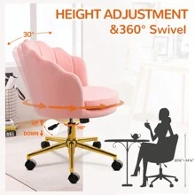 Furnistyle Pink Living Room Chairs in Velvet Fabric, Adjustable Swivel Beauty Vanity Chair for Makeup Room, Decorative Home Office Task Chair in Seashell Back Design with 360° Swivel Wheels, Modern Upholstered Accent Chair with Stable Star Base, Tufted Velvet Barrel Chair Armchair for Bedroom, Dressing Room