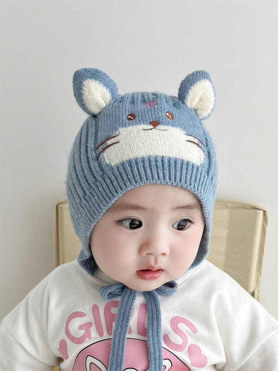 寶寶男童針織毛線帽,有耳帽,可愛時尚,適用於嬰兒和幼兒 - 藍色 - 查看 1