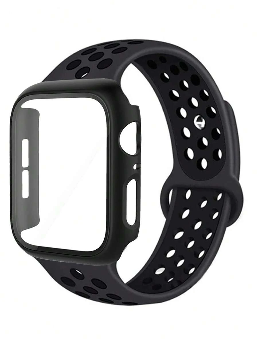 二合一兼容 表带和表壳组合套装,男女适用,柔软透气镂空波点运动硅胶表带 + 双色防摔防刮 PC 和钢化玻璃屏幕膜一体式表壳,兼容 40/41/42/44/45/46/49mm 替换表带表壳,兼容 Series Ultra/11/10/9/8/7/6/5/4/Se,时尚易戴表带表壳 - 黑色 - 查看 1