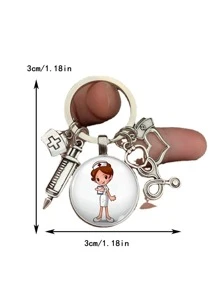 護士聽診器醫用注射器形狀時間寶石吊墜鑰匙扣時尚金屬吊墜,新款時尚創意護士醫用注射器聽診器圖像鑰匙扣玻璃圓頂適合護士醫生鑰匙圈吊墜禮物送給護士 - 銀色 - 查看 2