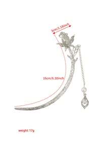 1pc 16cm Silver Tulip Tassel Hairpin With Cat Eye Stone & Rhinestone - Silver - View 9