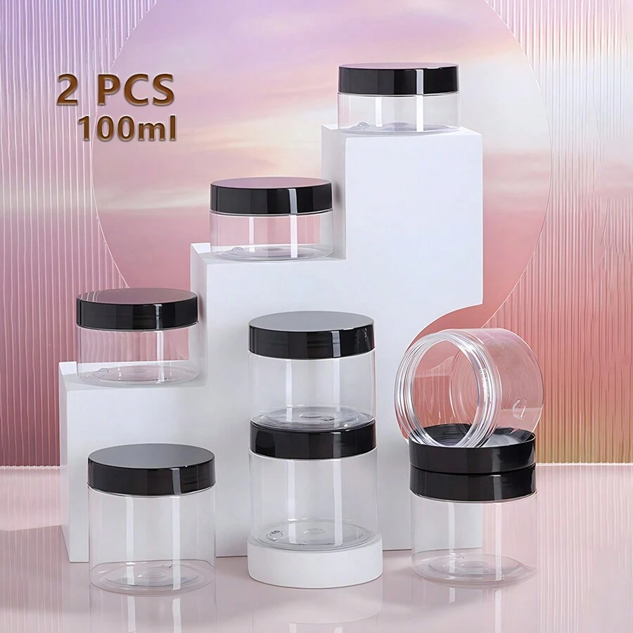 2pcs PET Minimalist Plastic Pot Jars Round Clear Leak Proof Plastic Cosmetic Container Jars With Black Lids,Portable Leakproof Cream Container Lotion Bottle For Makeup For Powder Liquid Foundation Nail Remover Makeup Remover For Bathroom Travel For Outdoor - White - View 1
