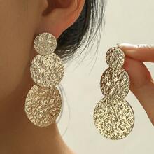 1pair Fashionable Metallic Textured Triple Round Disc Dangle Earrings Suitable For Women's Daily Wear - As Shown - View 1
