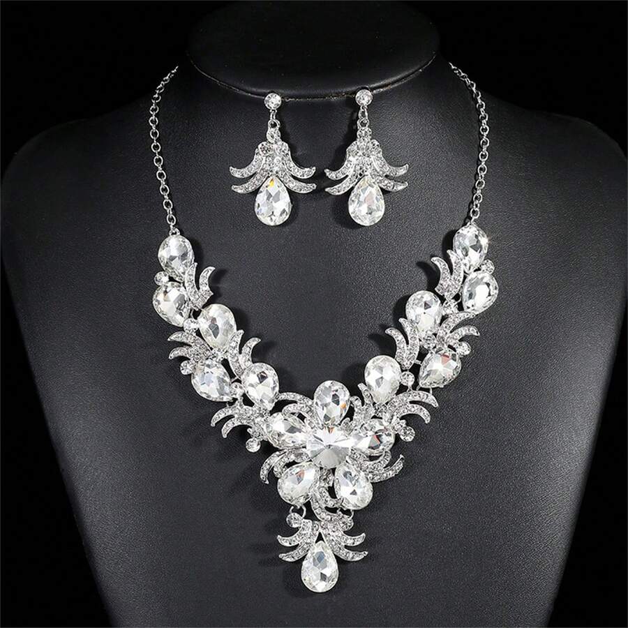 3pcs/set Exaggerated European & American Bridal Wedding Necklace Set - White - View 1