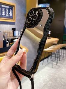 1 件镜子 + 1 件纯白色/黑色亚麻绳带（肩背/颈背/斜挎）+ 1 件透明/象牙色/黑色奶油色波浪边手机壳，适用于 17/17 Pro/17 Pro Max/Air、14C/Note 14 4G/5G/14 Pro 5G/4G、OPPO、VIVO、S25 Ultra/S24 Ultra/S23 Ultra/A07/A17、Transsion Infinix - 黑色 - 查看 5