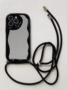 1 件镜子 + 1 件纯白色/黑色亚麻绳带（肩背/颈背/斜挎）+ 1 件透明/象牙色/黑色奶油色波浪边手机壳，适用于 17/17 Pro/17 Pro Max/Air、14C/Note 14 4G/5G/14 Pro 5G/4G、OPPO、VIVO、S25 Ultra/S24 Ultra/S23 Ultra/A07/A17、Transsion Infinix - 黑色 - 查看 3