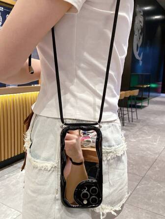 1 件镜子 + 1 件纯白色/黑色亚麻绳带（肩背/颈背/斜挎）+ 1 件透明/象牙色/黑色奶油色波浪边手机壳，适用于 17/17 Pro/17 Pro Max/Air、14C/Note 14 4G/5G/14 Pro 5G/4G、OPPO、VIVO、S25 Ultra/S24 Ultra/S23 Ultra/A07/A17、Transsion Infinix