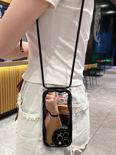 1pc Mirror + 1pc Pure White/Black Linen Rope Strap (Shoulder/Neck/Crossbody) + 1pc Transparent/Ivory/Black Cream Wavy Edge Phone Case Compatible With IPhone 17/ 17 Pro/ 17 Pro Max/ Air, 14C/Note 14 4G/5G/14 Pro 5G/4G, OPPO, VIVO, S25 Ultra/S24 Ultra/S23 Ultra/A07/A17, Transsion Infinix