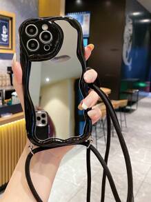 1 件镜子 + 1 件纯白色/黑色亚麻绳带（肩背/颈背/斜挎）+ 1 件透明/象牙色/黑色奶油色波浪边手机壳，适用于 17/17 Pro/17 Pro Max/Air、14C/Note 14 4G/5G/14 Pro 5G/4G、OPPO、VIVO、S25 Ultra/S24 Ultra/S23 Ultra/A07/A17、Transsion Infinix - 黑色 - 查看 2