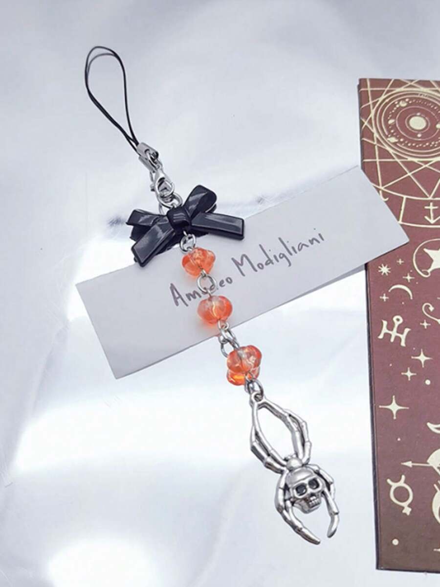 Spider & Bowknot & Beaded Mobile Phone Strap - Orange - View 1