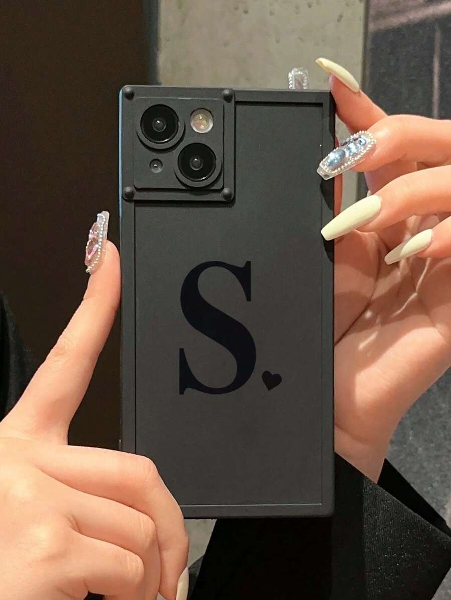 1入方形S字母印花手機殼，適用於蘋果手機 - 黑色 - 查看 1