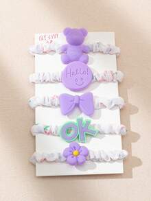 Conjunto Popular De 5 Piezas De Accesorios Para El Cabello Lindos Que Incluyen Diseño De Flor, Lazo Y Oso - Morado - Ver 1