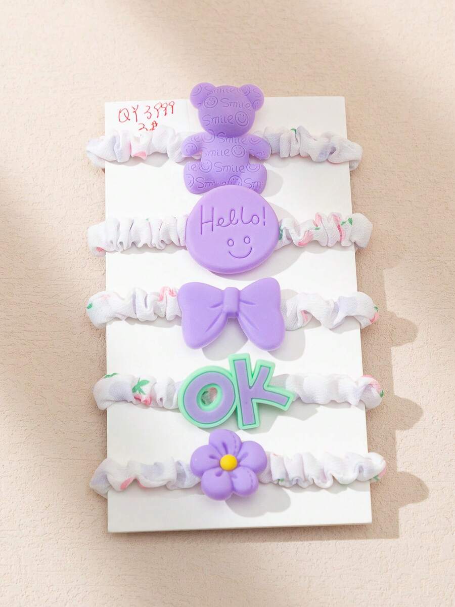 Conjunto Popular De 5 Piezas De Accesorios Para El Cabello Lindos Que Incluyen Diseño De Flor, Lazo Y Oso - Morado - Ver 1