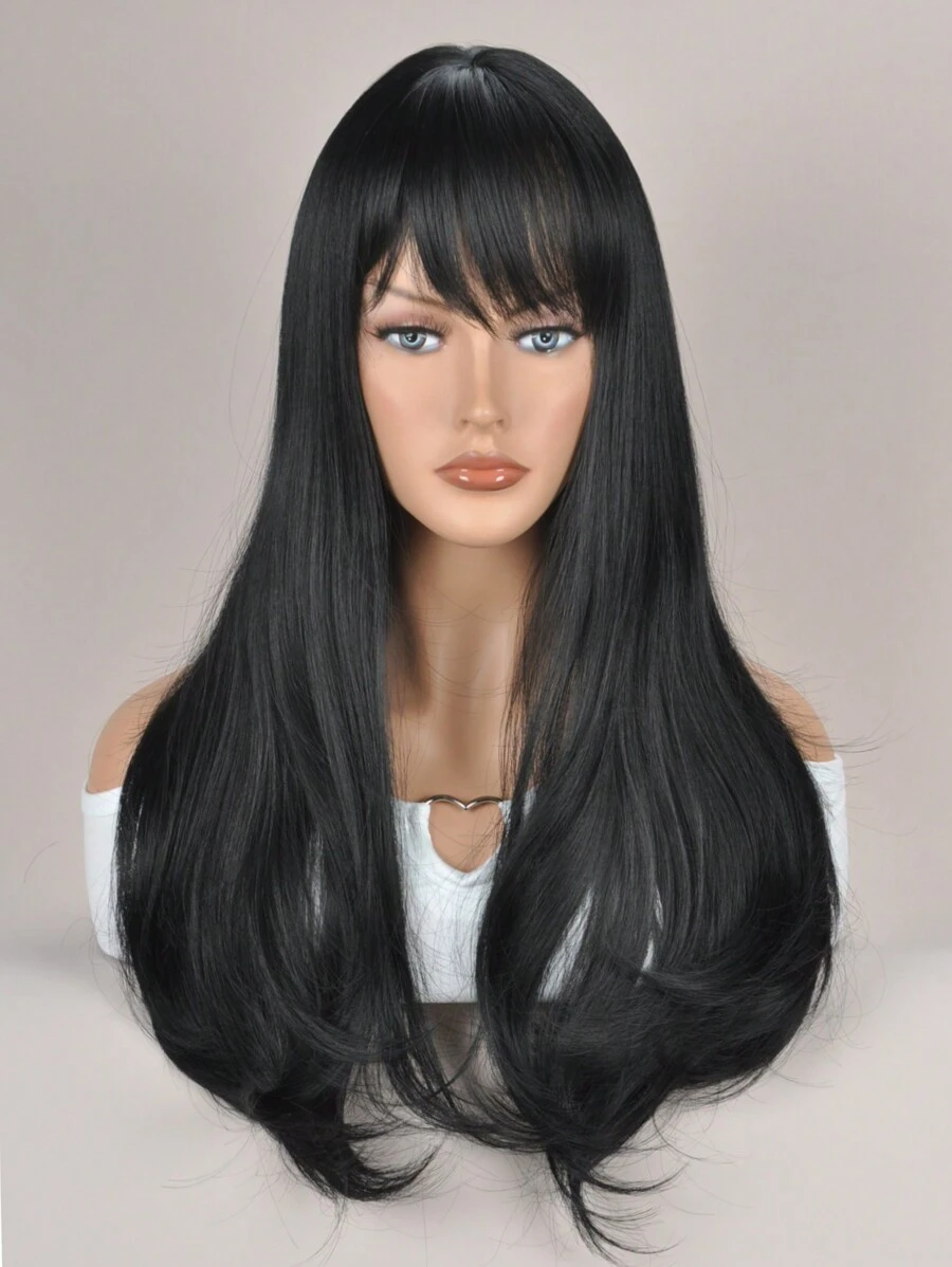 kanuosi Cabello Rizado Ondulado Largo Negro De 65 Cm Con Flequillo - Negro - Ver 1