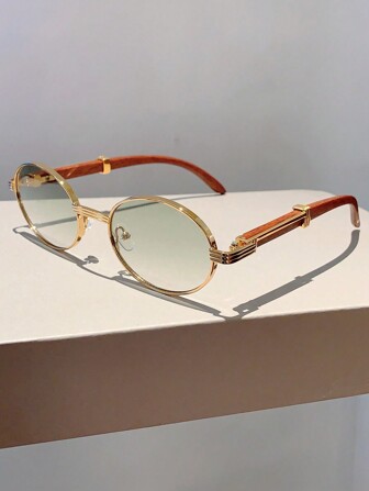 全新复古椭圆形框架时尚眼镜，设计感十足，木纹镜腿，复古色调，海滩配饰，女士海滩配饰，夏季海滩度假、户外、旅行、寺庙装饰的眼镜色调，复古风格椭圆形框架，适合外出装、返校装