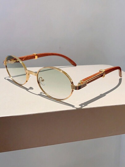 Novos óculos de moda com armação oval retrô, com design e braços com textura de madeira, acessórios de praia vintage, acessórios de praia para mulheres, óculos de sol para praia, férias, ao ar livre, viagens, decoração de templo em estilo vintage, armação oval para visual de passeio, de volta às aulas