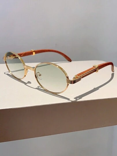 New Retro Oval Frame Fashion Glasses With Design And Wood-Grain Textured Arms Vintage Shades Beach Accessories Beach Accessories For Women Glasses Shades For Summer Beach Vacation,Outdoor,Travel Temple Decoration Vintage Style Oval Frame For Going Out Outfit,Back To School