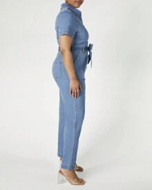 Plus Size Zip-Up Denim Jumpsuit - Blue - View 2