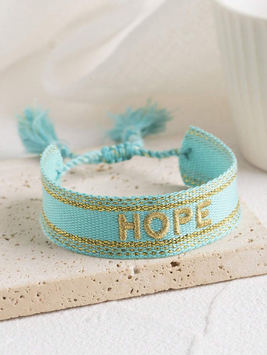 1 Pieza Pulsera Trenzada Hecha A Mano Para Hombre Con Bordado Verde Y Letras Hope - Multicolor - Ver 1