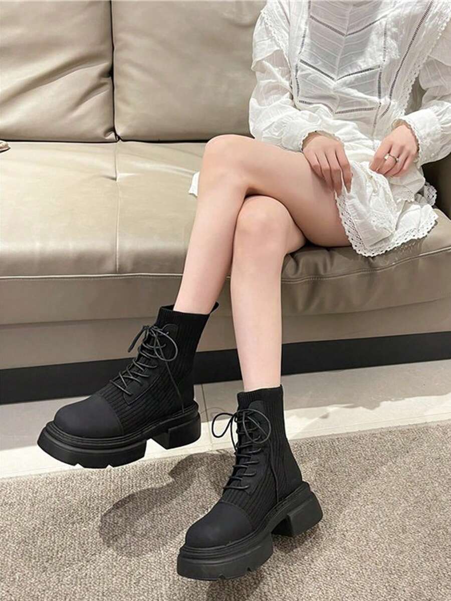 Women's Black Thick Sole Platform Boots Elastic Skinny Booties With England Style High Heels For Short Stature