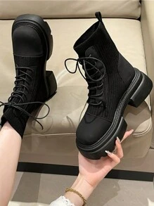 Women's Black Thick Sole Platform Boots Elastic Skinny Booties With England Style High Heels For Short Stature