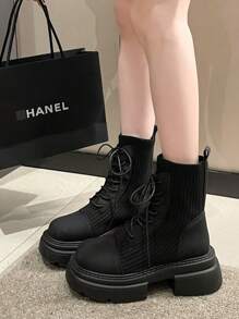 Women's Black Thick Sole Platform Boots Elastic Skinny Booties With England Style High Heels For Short Stature