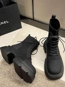 Women's Black Thick Sole Platform Boots Elastic Skinny Booties With England Style High Heels For Short Stature