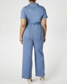 Plus Size Zip-Up Denim Jumpsuit - Blue - View 5