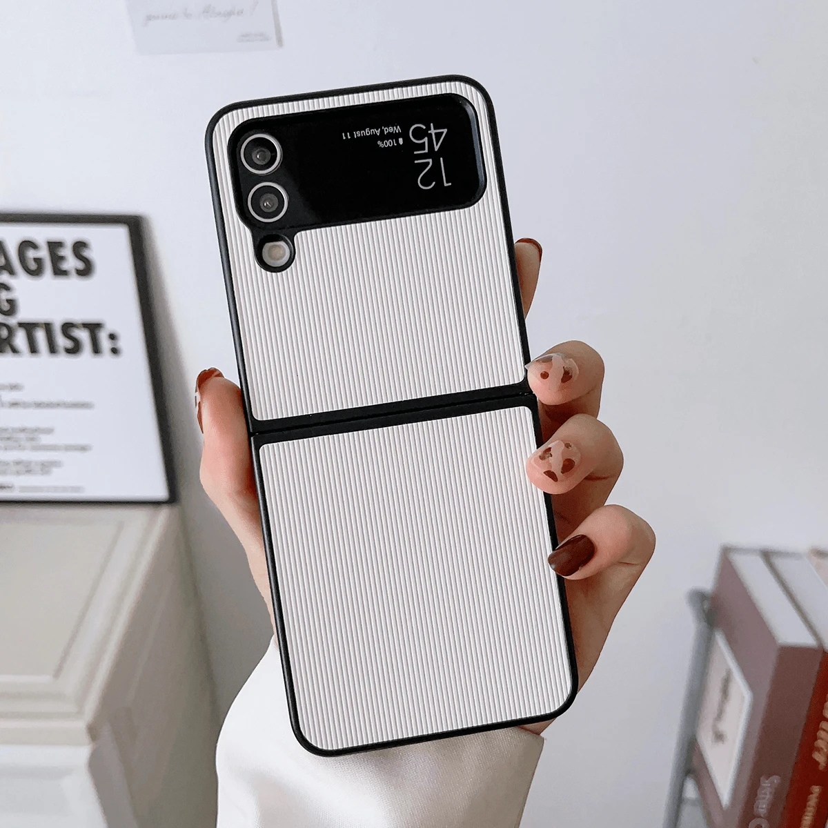 1入實色垂直條紋PC防摔手機殼，適用於三星Galaxy Z Flip3/4/5 - 白色 - 查看 1
