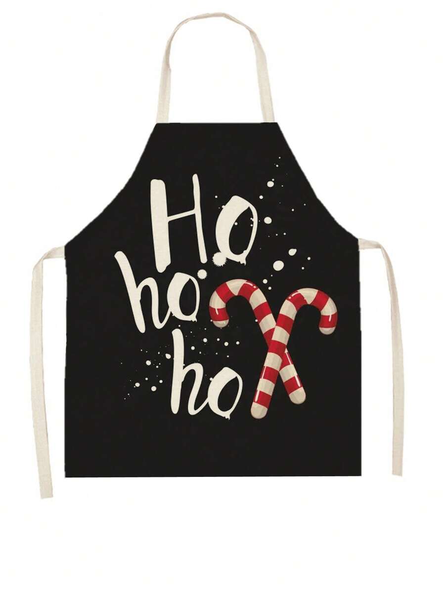 1件聖誕口號亞麻圍裙 - 黑與白 - 查看 1