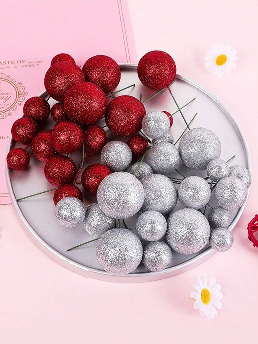 20 piezas Bolas de deseo rojas con glitter para decoración de pasteles de cumpleaños, postres y suministros de repostería