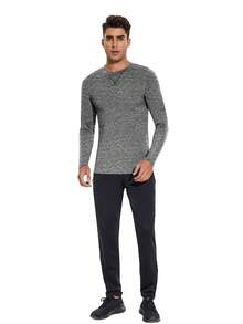 1件男士十字襯衫長袖圓領t恤,亞麻灰色,適合健身,運動,跑步等