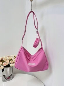 Letter Patch Decor Hobo Bag With Coin Purse Pink Pink , Women Bag With Dime Bag - Pink - View 1