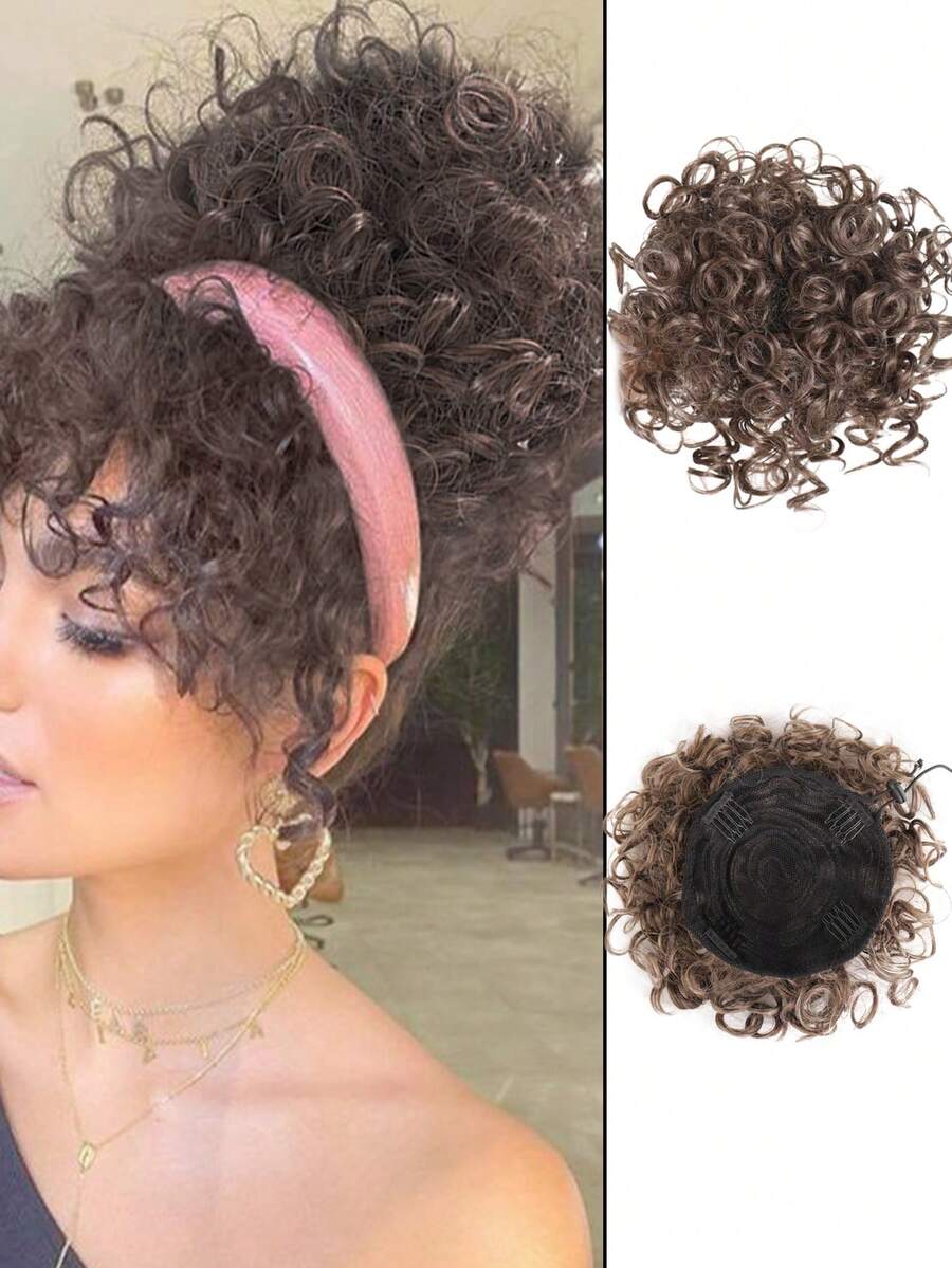 女士使用的假髮,適用於短髮和稀疏髮的小圈扭曲頭髮,自然柔軟的夾式馬尾合成髮配件