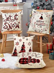 4pcs Christmas Red Letter & Snowflake Printed Linen Decorative Pillow Covers For Living Room And Bedroom - Red - View 2