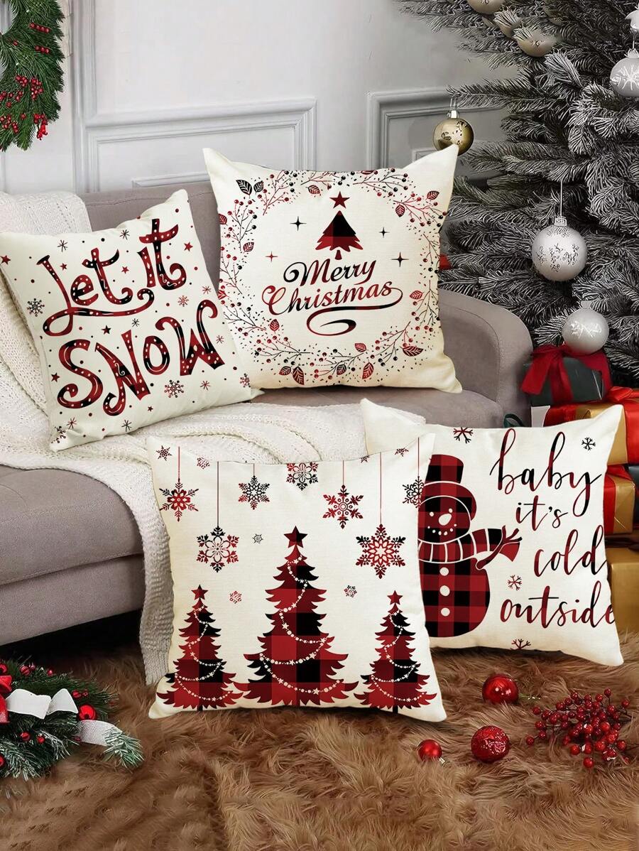 4pcs Christmas Red Letter & Snowflake Printed Linen Decorative Pillow Covers For Living Room And Bedroom - Red - View 1