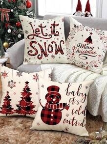 4pcs Christmas Red Letter & Snowflake Printed Linen Decorative Pillow Covers For Living Room And Bedroom - Red - View 3