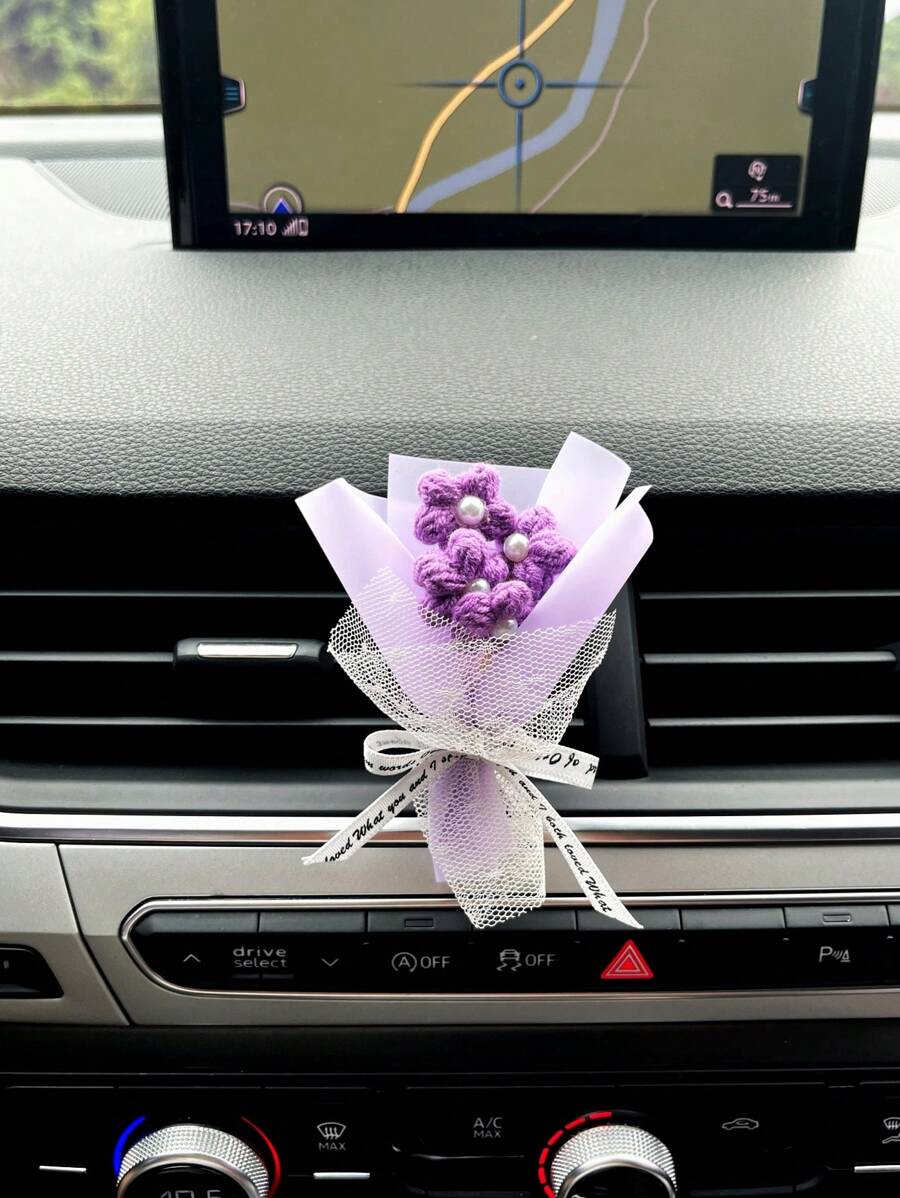 迷你花束毛線花紫色汽車出風口香薰裝飾