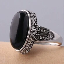 1 Nhẫn Sọc Hình Bầu Dục Dài Màu Đen & Nhẫn Đôi Đá Quý Giả Vintage Mạ Bạc (Đen/Xanh) - màu đen - Xem 16