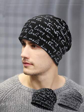 1pc Men's Thin Windproof Printed Letter Beanie Cap Headscarf Hat For Daily Wear