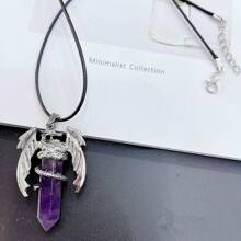 時尚晶、粉水晶、虎眼石復古墜子頸鍊,飛龍造型合金項鍊,雙頭水晶墜子,蠟繩項鍊